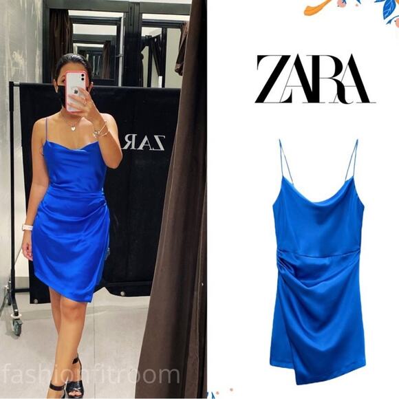 Zara Blue Ruched Mini Slip Dress NWOT Size XS - Picture 1 of 5